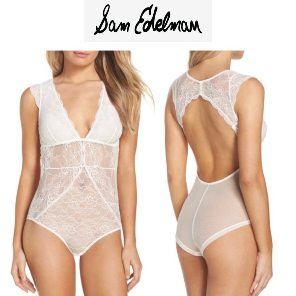 Sam Edelman Lace Cap Sleeve Bodysuit in White